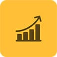 Icon of a rising bar graph with an upward arrow, symbolizing growth or success, on a yellow background.