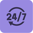 Icon of "24/7" with circular arrows on a purple background, indicating continuous availability or service.