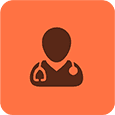 Icon of a person with a stethoscope on an orange background, symbolizing a healthcare professional.