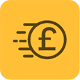 Pound symbol inside a circle with motion lines on a yellow background, suggesting fast movement or quick transactions.