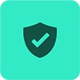 Green shield icon with a check mark on a turquoise background, symbolizing security and protection.