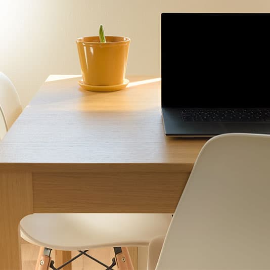 A laptop on a kitchen table with a plant pot