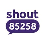 Text reading "shout 85258" in purple, with "85258" inside a speech bubble. White background.