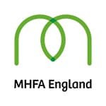 Green stylized "M" logo of MHFA England above the text "MHFA England" in black font.