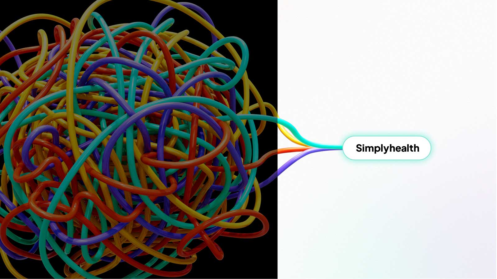 Tangled colorful wires on the left converge into a single, organized line labeled "Simplyhealth" on the right against a white background.