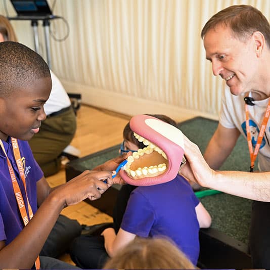 A child practices brushing teeth on a dental model, guided by an adult at a dental health workshop