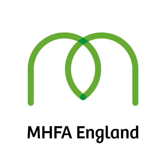 Logo of MHFA England with two interlocking green arcs forming an "M" shape above the text "MHFA England" in black.