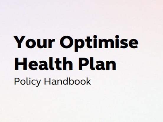 Cover of the "Your Optimise Health Plan" policy handbook