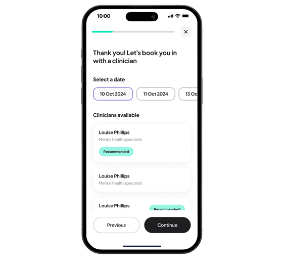 Smartphone screen showing a booking app interface to select a date and clinician, with options for October 2024.